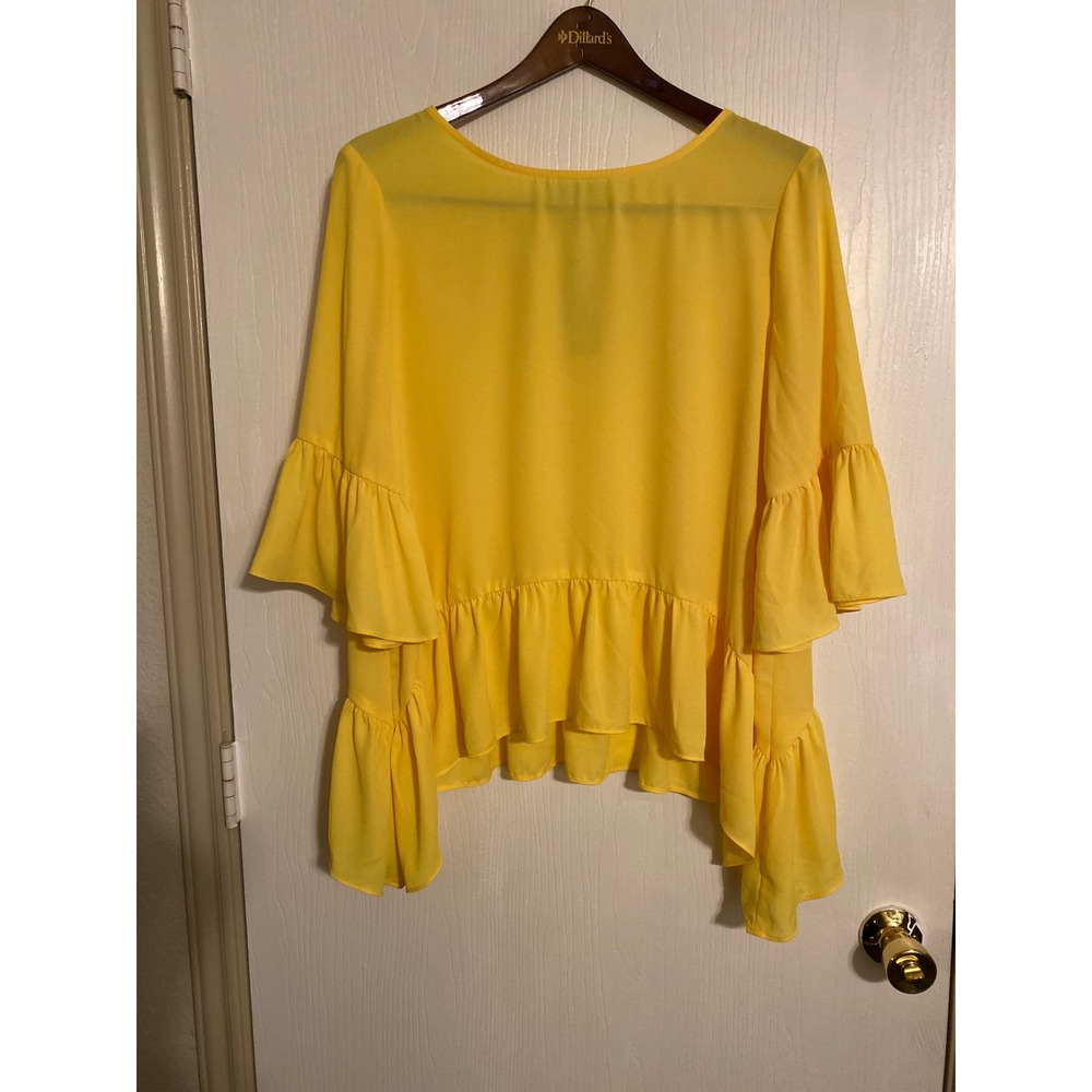 Karen Kane Yellow Ruffle Peplum Blouse Tiered Sleeve Top 1L25395 Womens Medium
